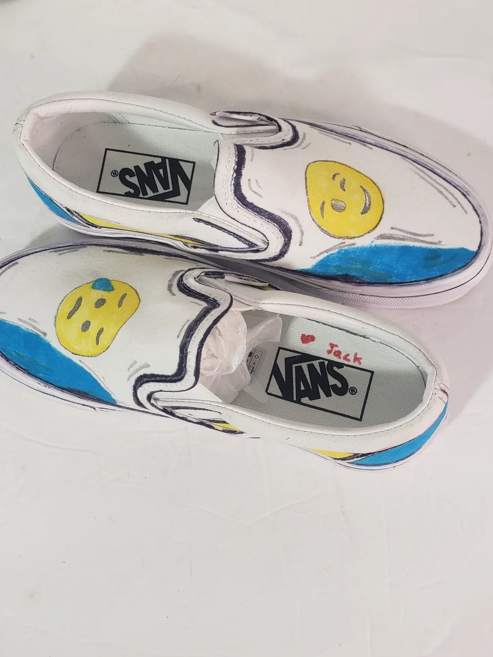 Vans Kids White Slip-On Sneakers with Yellow Sad Emoji and Blue Accents Sz: 3.5
